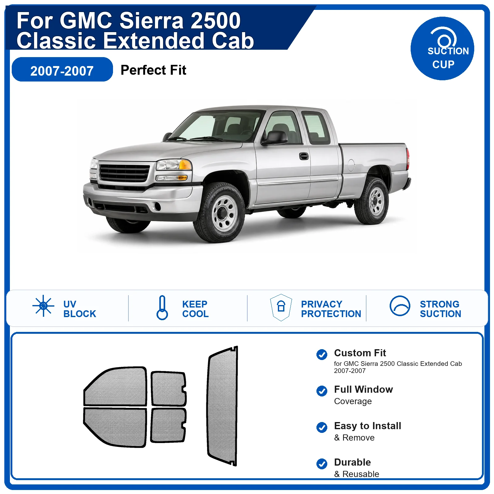For GMC Sierra 2500 Classic Extended Cab 2007-2007 Custom Full Set Windshield Sun Shade Aluminum Foil Heat Insulation Anti UV Fo