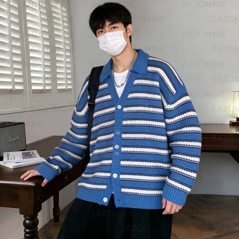 ZAZOMDE Premium Soft Blend Blue Striped Mens Cardigan Sweater Long Sleeve Comfort Fit Knitwear For Casual Autumn Winter Wear