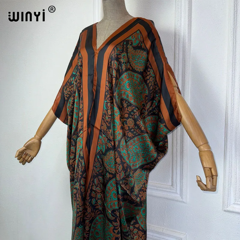 WINYI Summer african V-neck dress Printed beach wear women 2024 Loose Femme Robe Muslim beach cover ups silk feel evening dress