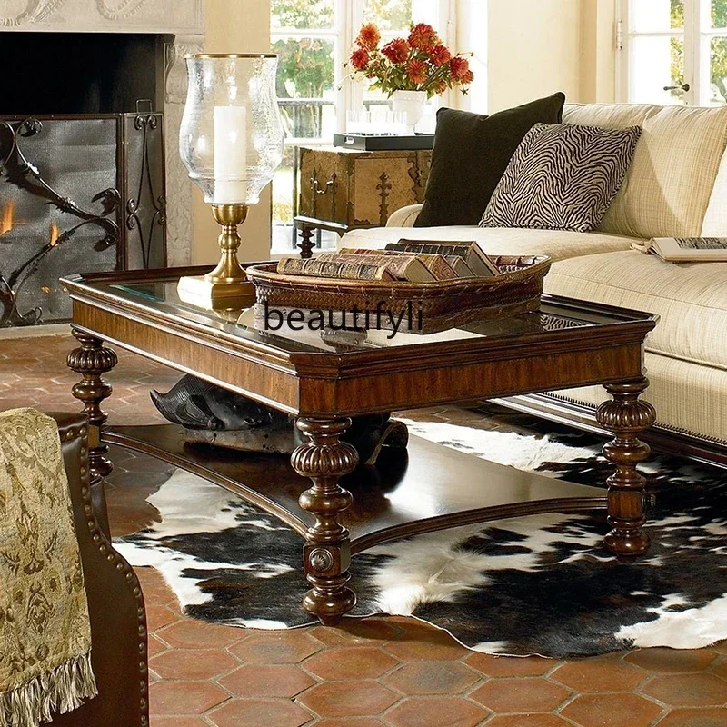 ss K178 ss25 mesa de centro retro de madera maciza americana para sala de estar mesa de té rectangular francesa superficie de vidrio viejo coff