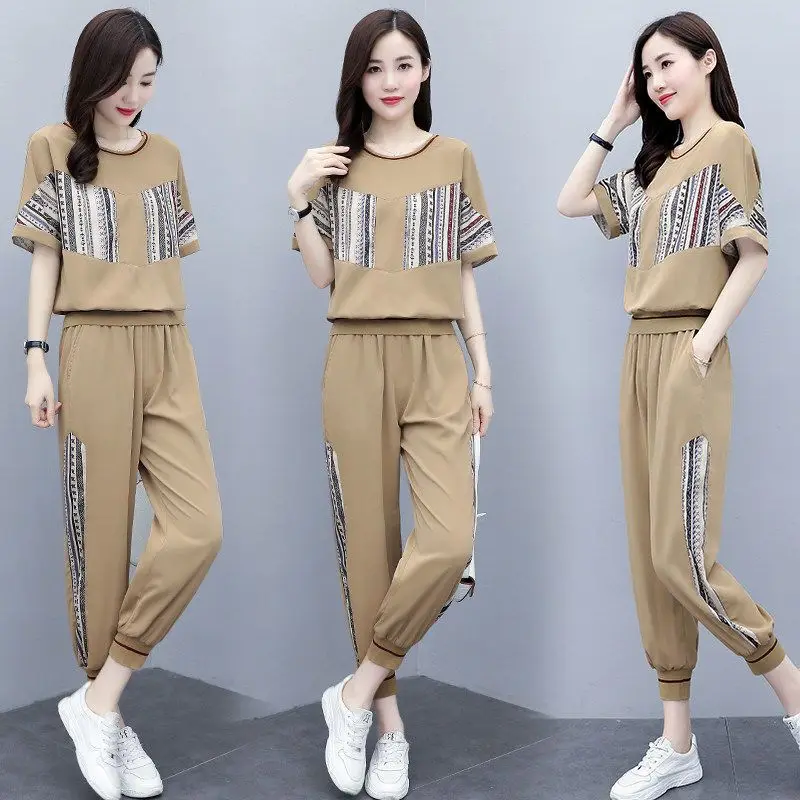 Women\'s Tracksuit Spring Summer New Casual Fashion Korean Clothes Short Sleeve Tops And Pants Two Peice Set For Women Sweat Suit