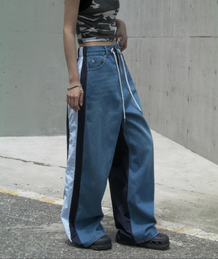 High Waist Straight Leg Denim Jeans Women's Color Blo Design Long Pants Dstring Waist Cuffed Loose Fit Blue Jeans