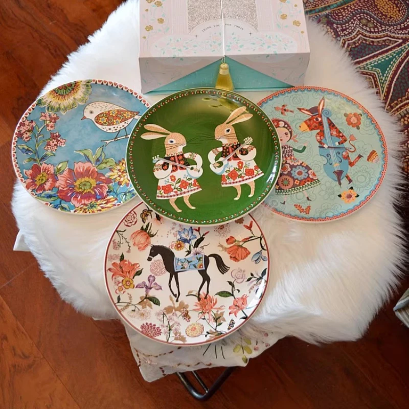 

Nordic style ceramic plate set,hand-painted animal flower ceramic plates,Western dinner plates,Easter home decor display plates