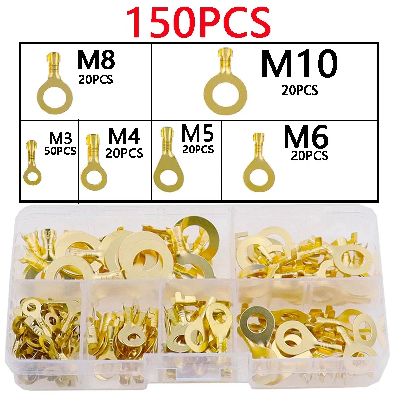 150PCS M3/M4/M5/M6/M8/M10 Type-O Ground Lugs Terminal Cold-Pressed Copper Tab Wiring Nose Boxed Terminal Block Wire Connector