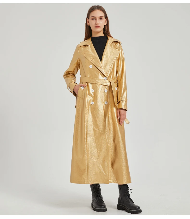 Lautaro Spring Autumn Extra Long Gold Shiny Pu Leather Trench Coat for Women Sashes Double Breasted Luxury Europe Fashion 2024