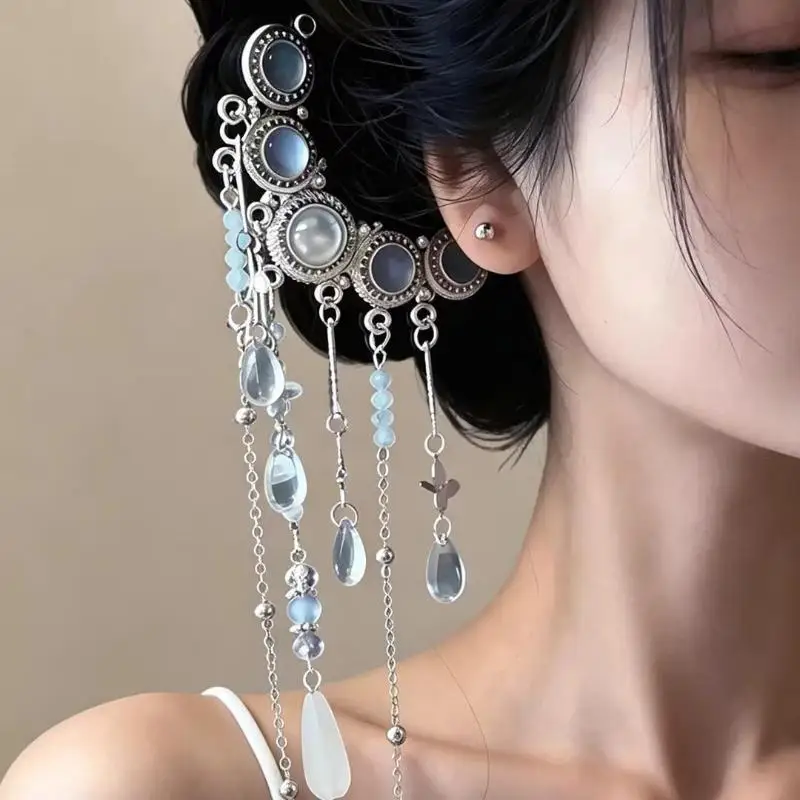 Chinese Style Teardrop Hair Stick for Women Cold Elegant U-Shaped Long Tassel