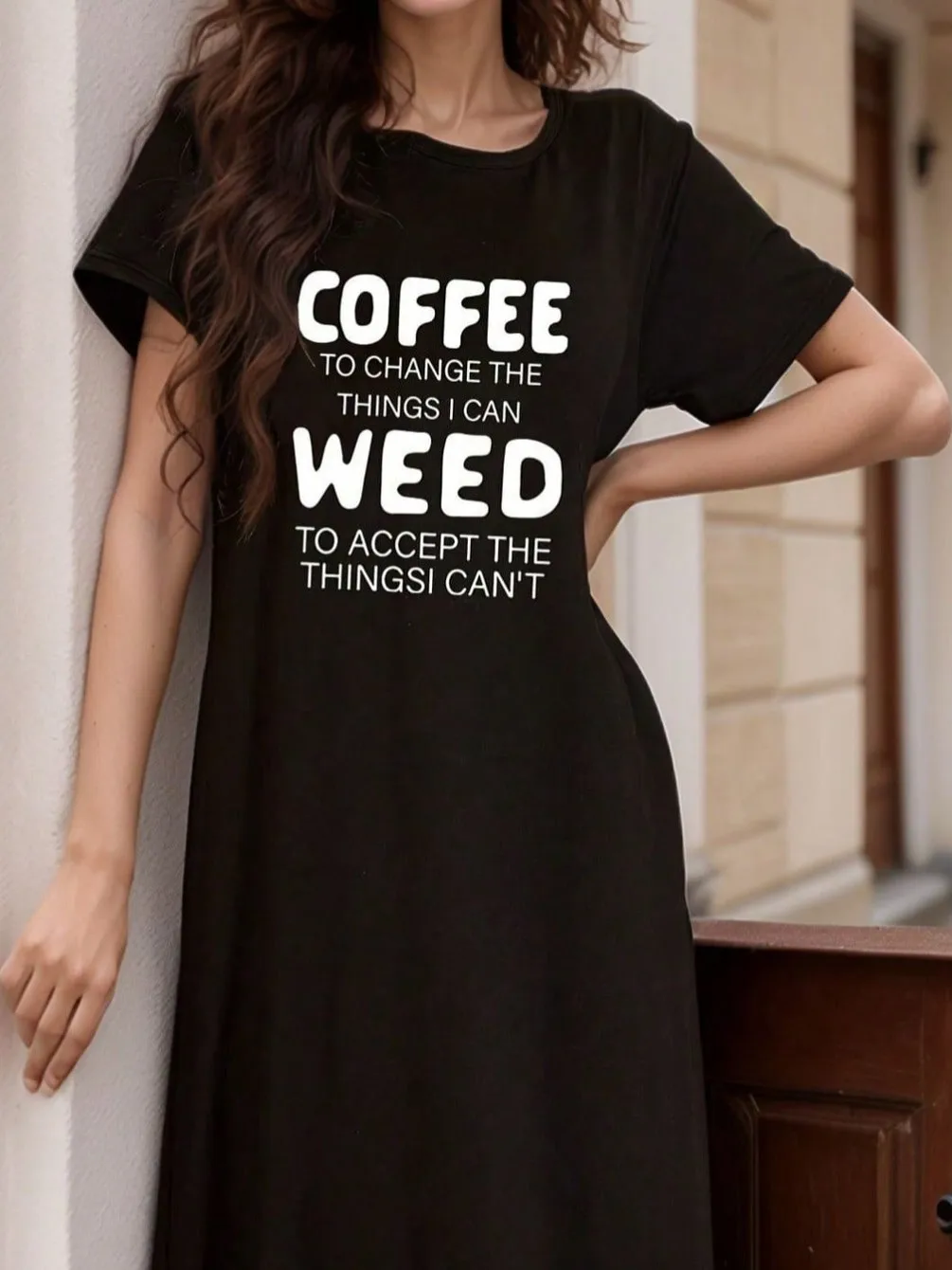 Été nouveau rond Ne lettre imprimer ample décontracté Midi Svel t-shirt Dr femmes trajet Sle Polyester fibre longue jupe