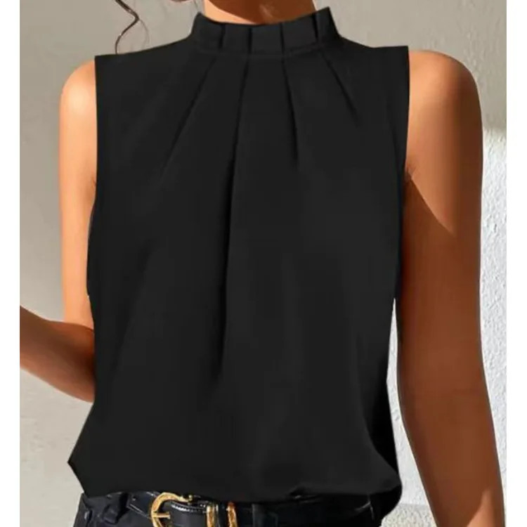 2024 Summer Solid Color Short Sleeve Shirts & Blouses Blusas Elegantes Camisas Black Stand Collar Korean Blouse Tops For Woman