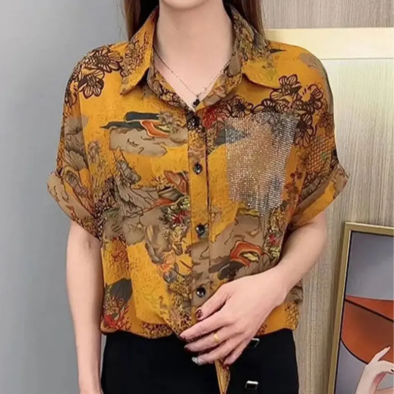 Casual Loose Fashion Bandage Shirt Female Clothing Vintage Printed Chic Diamonds Summer Elegant Single-breasted Polo-Neck Blouse