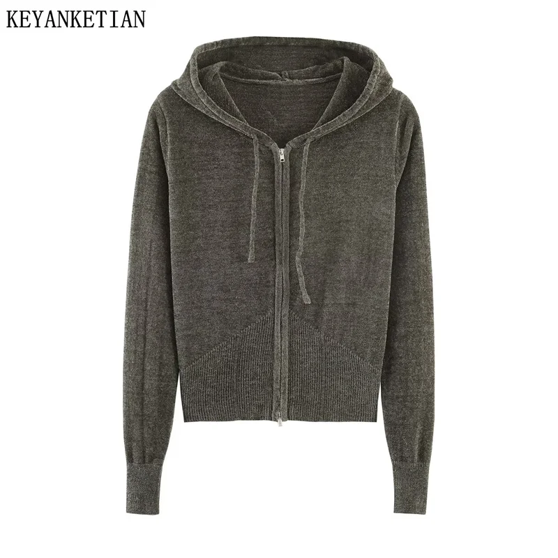 

KEYANKETIAN 2026 Spring New Women Soft Chenille Zip Hoodie Women Slim Fit Knit Cardigan Long Sleeve Casual Outerwear Sweater