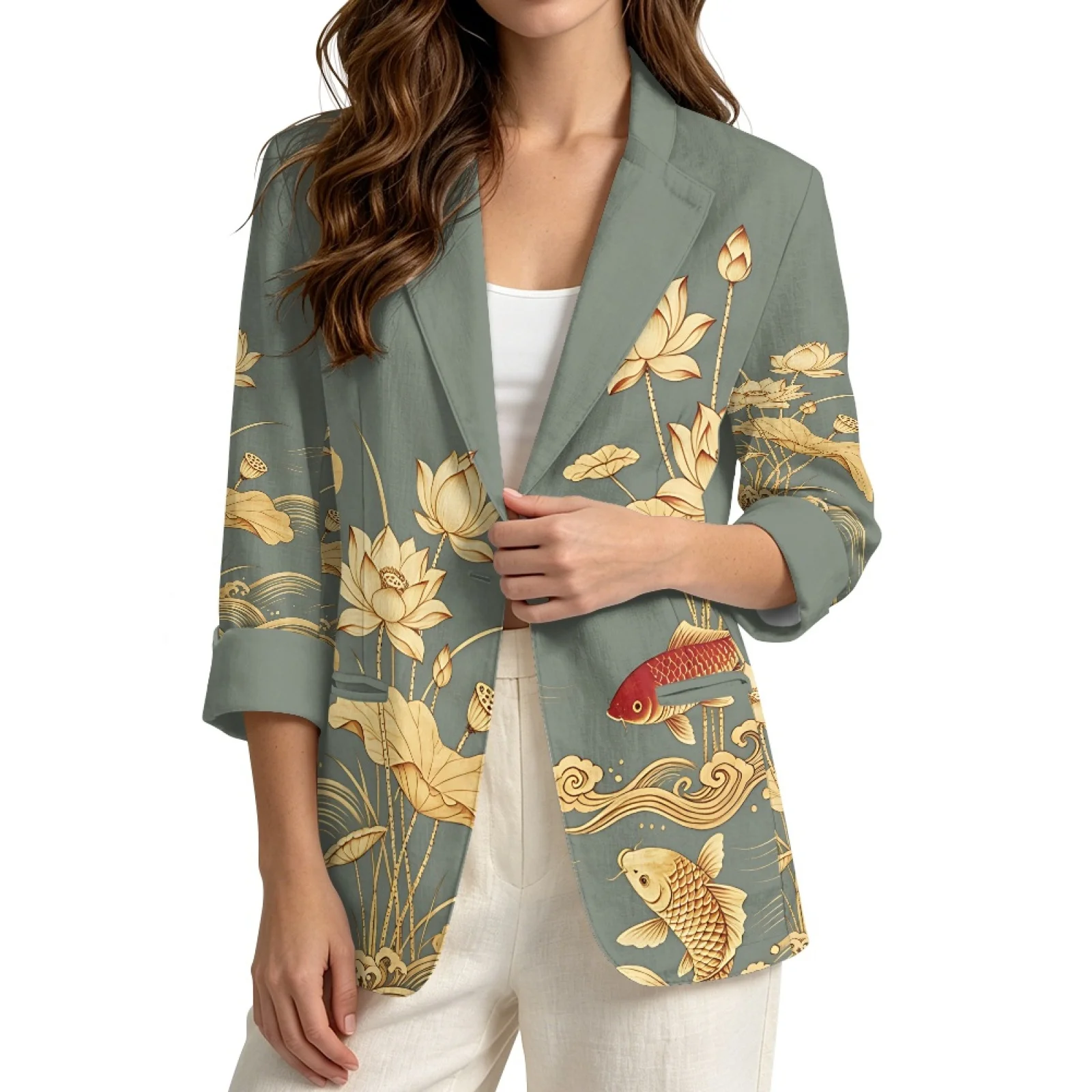 PENSTROLL Lotus Koi Fish Linen Like Versatile Outerwear, Sizes S-3XL Cover up Cardigans for Vacation and Business Casual Wear