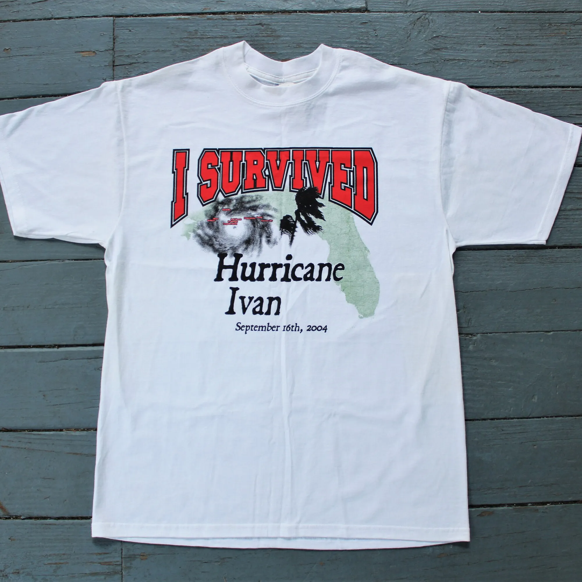 Vintage Deadstock White Florida I Survived Hurricane Ivan September 16 2004 Tee Shirt NWT New With Tags Florida Weather