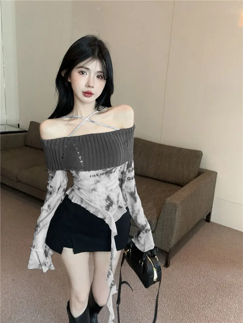 Hot Selling One Collar Long Sleeved Patchwork T-shirt for Women Wearing High-end Sexy Spicy Girl Slim Fit Short Top