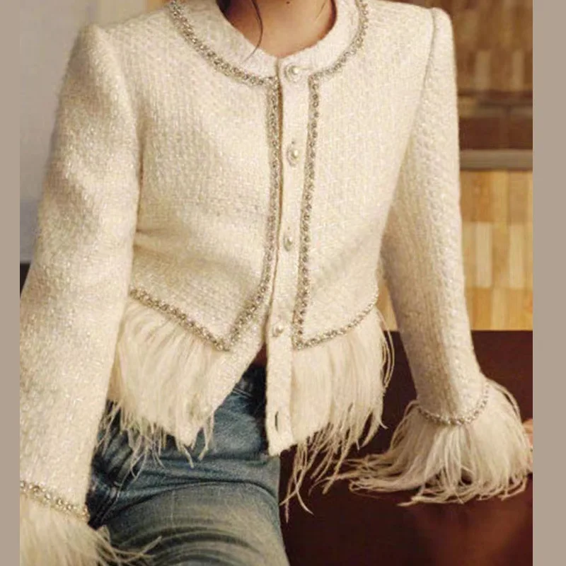 

2025 Autumn New Fashion Tweed Jacket Women Pearl Fringe Feather Coat Casual Blazer