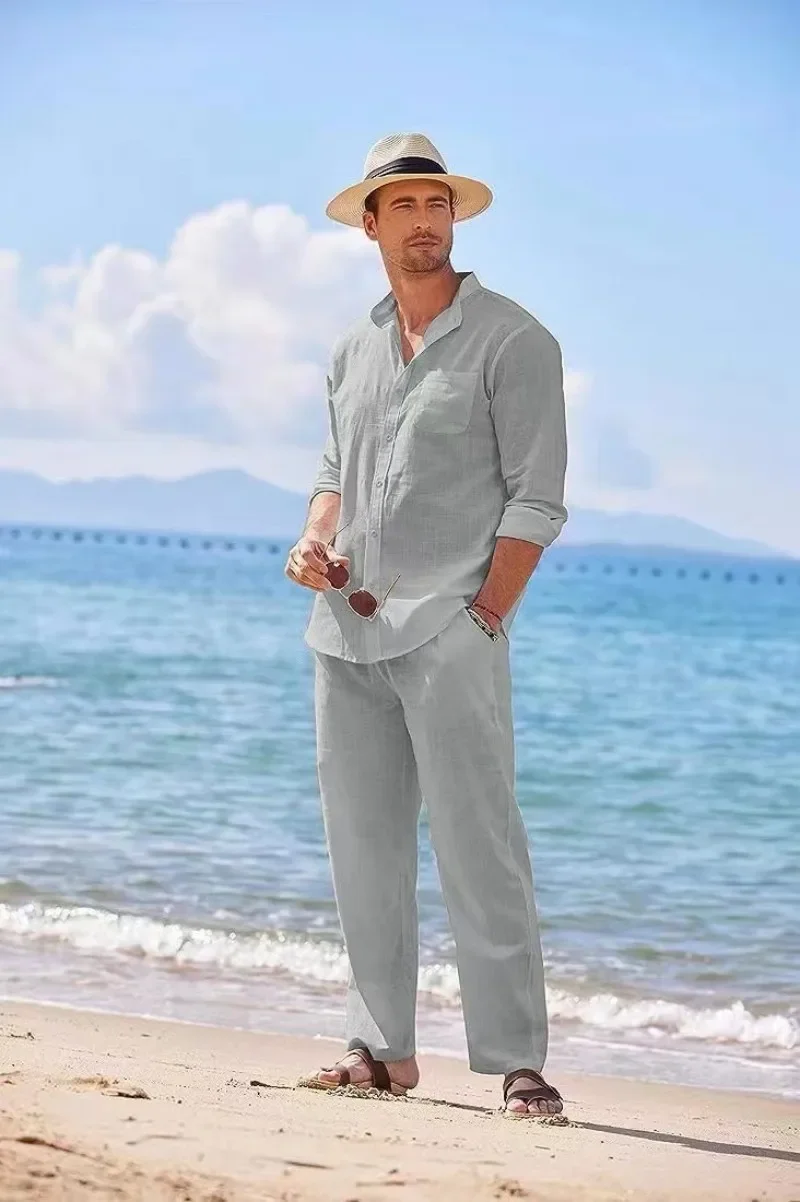 Men's tempered linen long sleeve shirts, casual beachwear, sky blue, white, black, men's workwear, men's outfit sets, 2 pieces