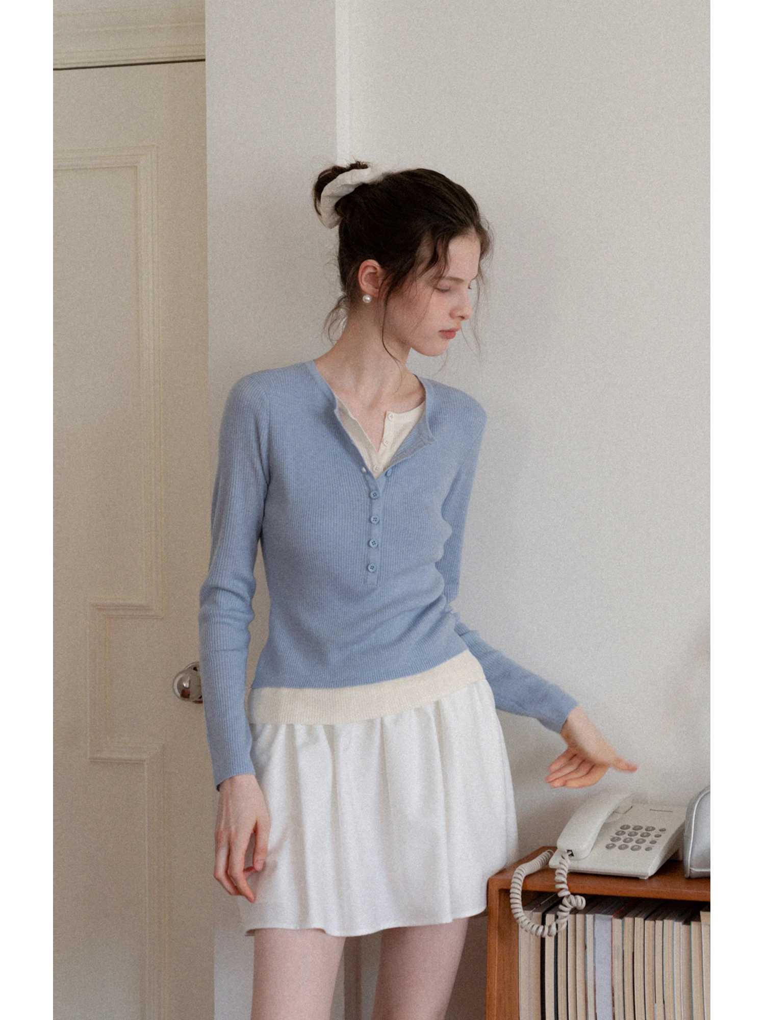 

EGGKA Henry Collar Knitted Long Sve Slim Fit Casual Top Early Autumn New Sle Polyester Fiber V-ne Regular Fit Knitwear