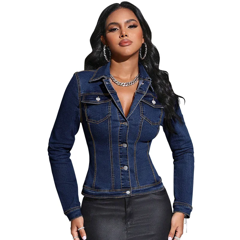 

Streetwear Short Jean Jacket Women's Slim Washed Denim Coats Spring Autumn Single-breasted Long Sleeve Skinny Chaqueta Outerwear