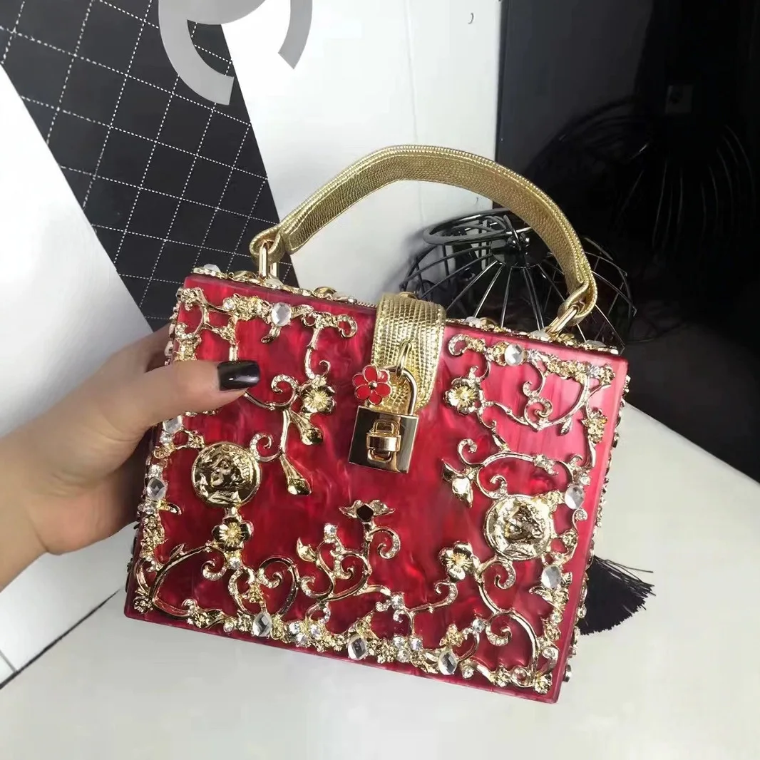 Acrylic Dinner Bag, Hollow Metal Engraved Diamond-encrusted Handbag, One Shoulder Diagonal Back, Women's Bag, Women's Bag