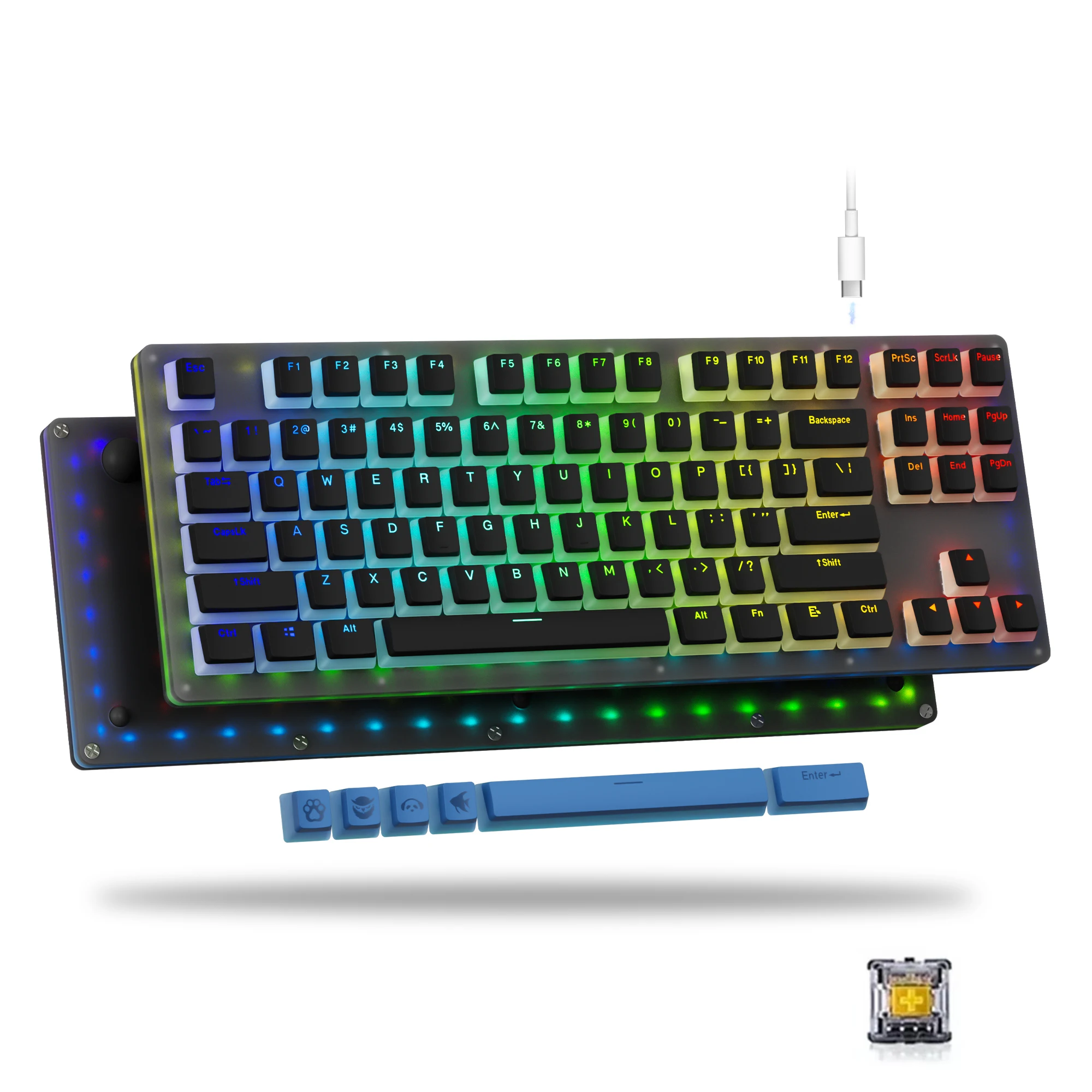 

Womier K87 PRO Черная механическая клавиатура Игровая клавиатура с горячей заменой Переключатель Gateron Двойная RGB-подсветка Pudding Ice Crystal Keycap