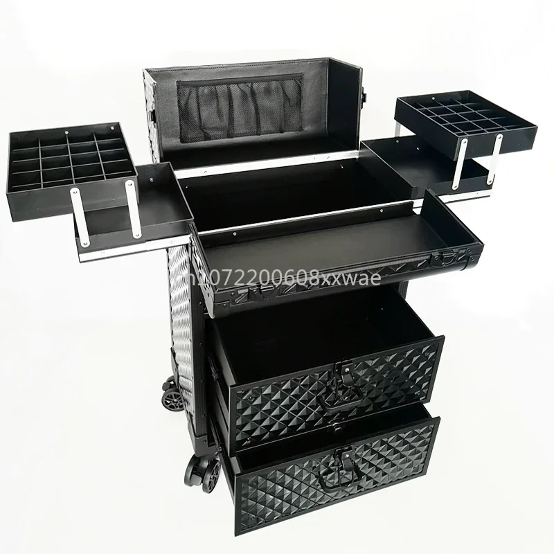 

Manicurist and makeup artist go out trolley toolbox, mobile cosmetic case