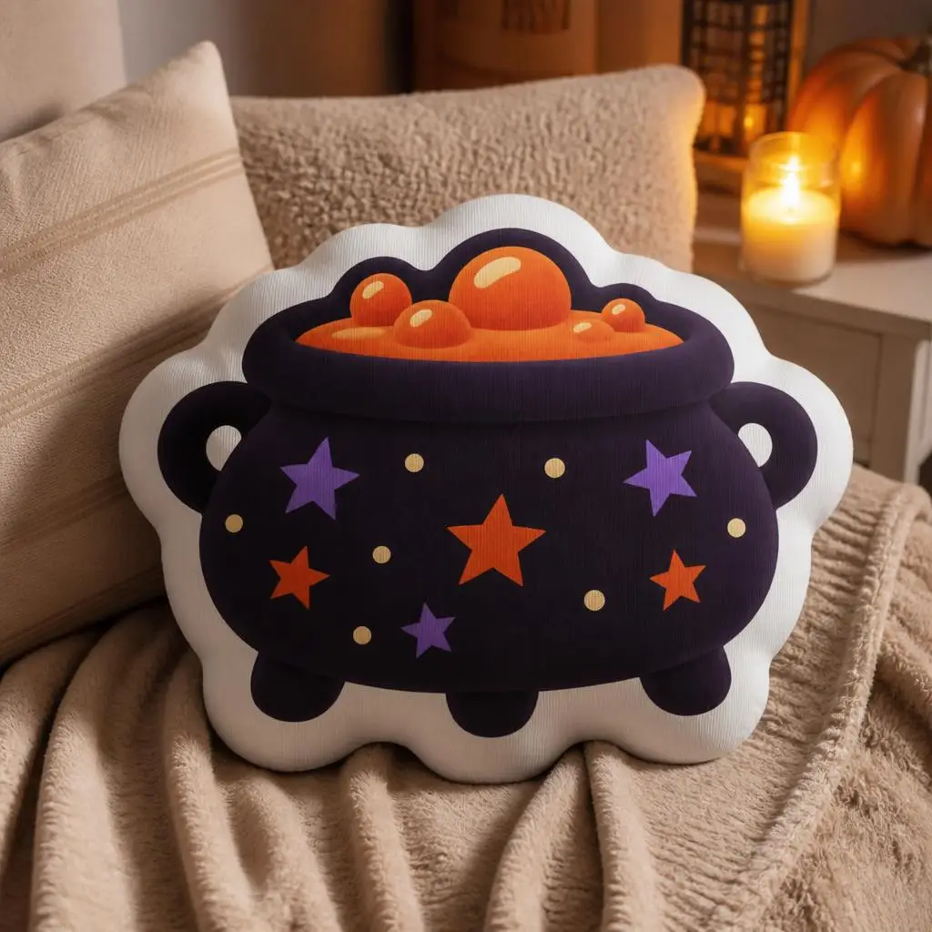 Halloween Witch Cauldron Shaped Stuffed Throw Pillow Magical Potion Cushion for Sofa Home Decor Gift Witchcraft Room Accent