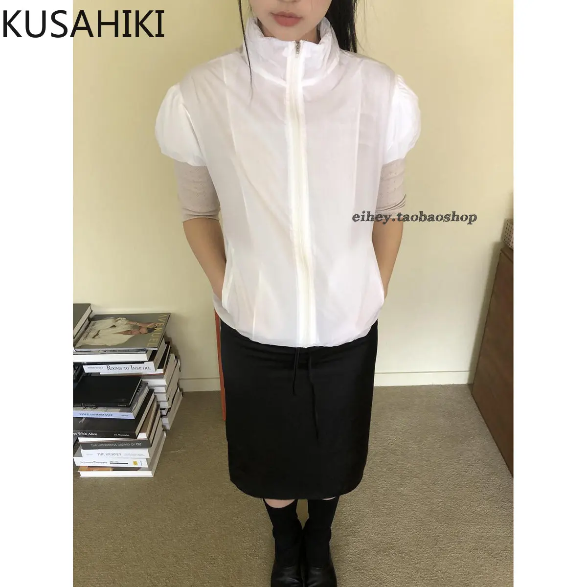 KUSAHIKI Fashion Zipper Stand Neck Short Sleeve Suncreen Women Jacket 2023 Summer Sexy Spicy Girl Coat Causal Fashion Outwear