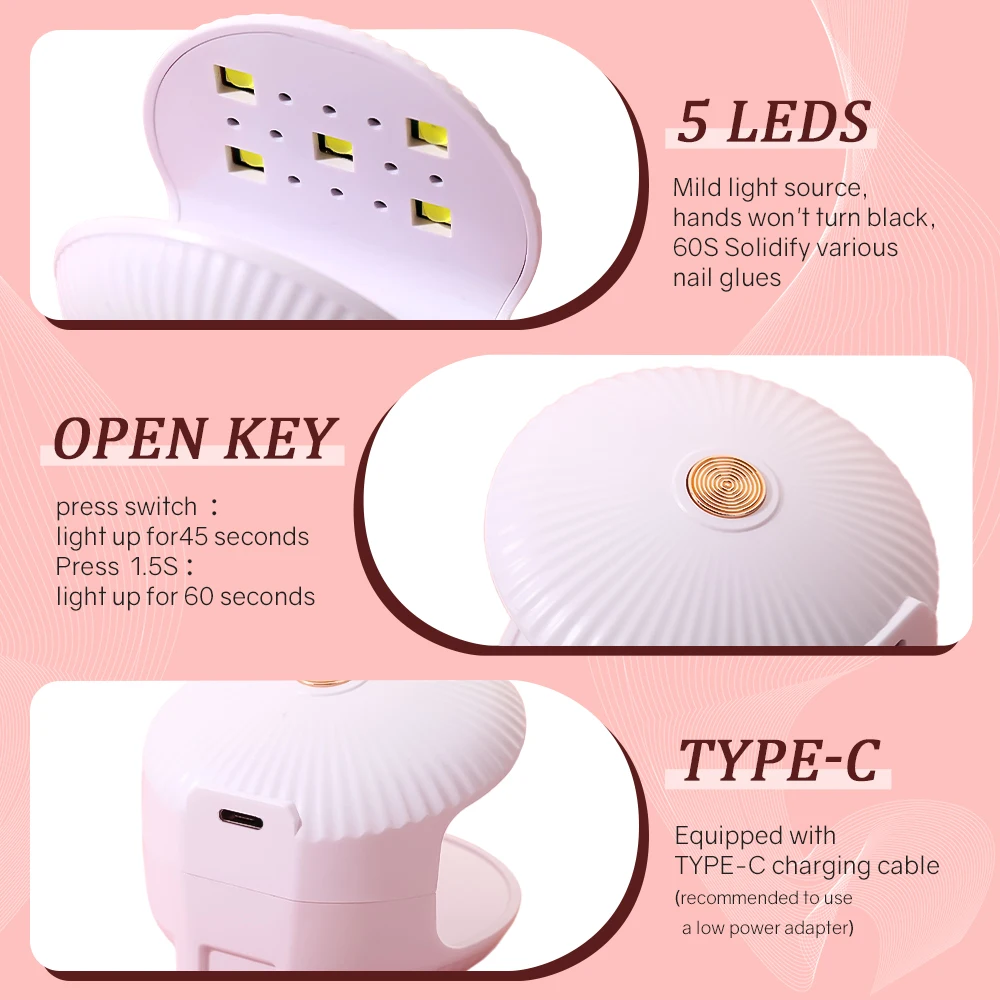 Portable Mini UV LED Nail Lamp Opening Design USB Lamp for Manicure with 5 Bead for Quickly Drying All Nail Polish at Home Salon