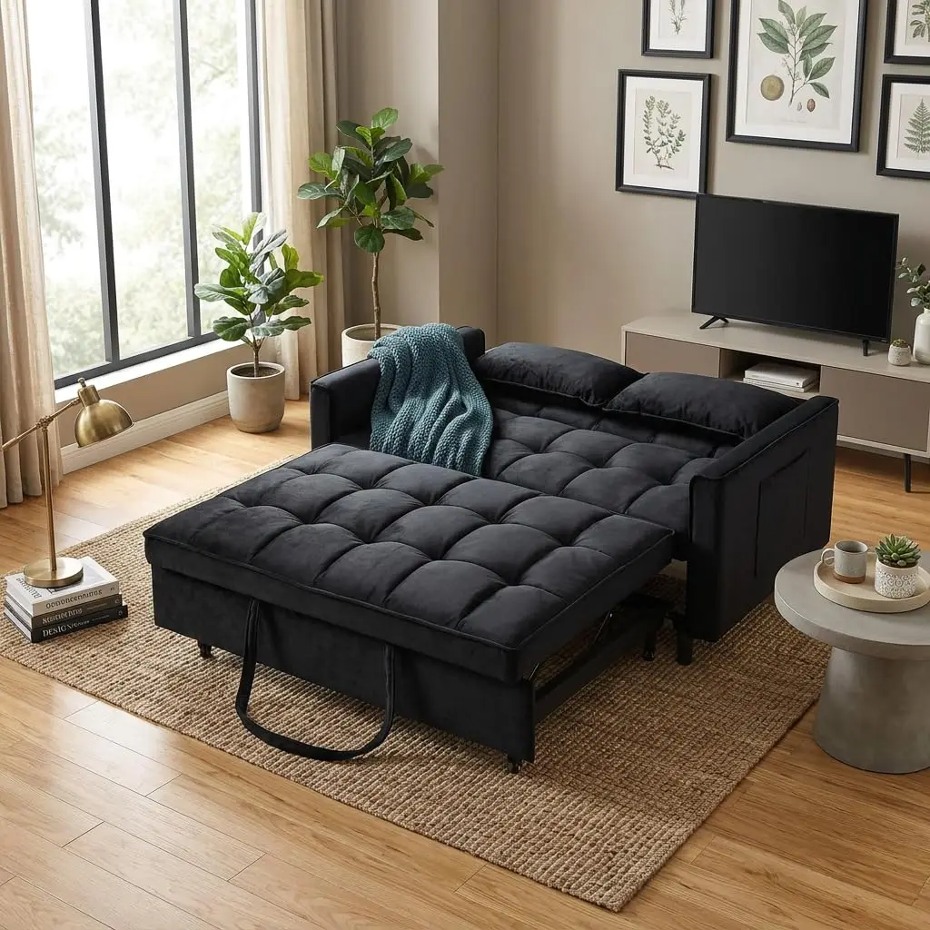 #Convertible Velvet Sleeper Sofa Bed Adjustable Backrest Pull Out Couch Living Room Bedroom Apartment Side Pockets