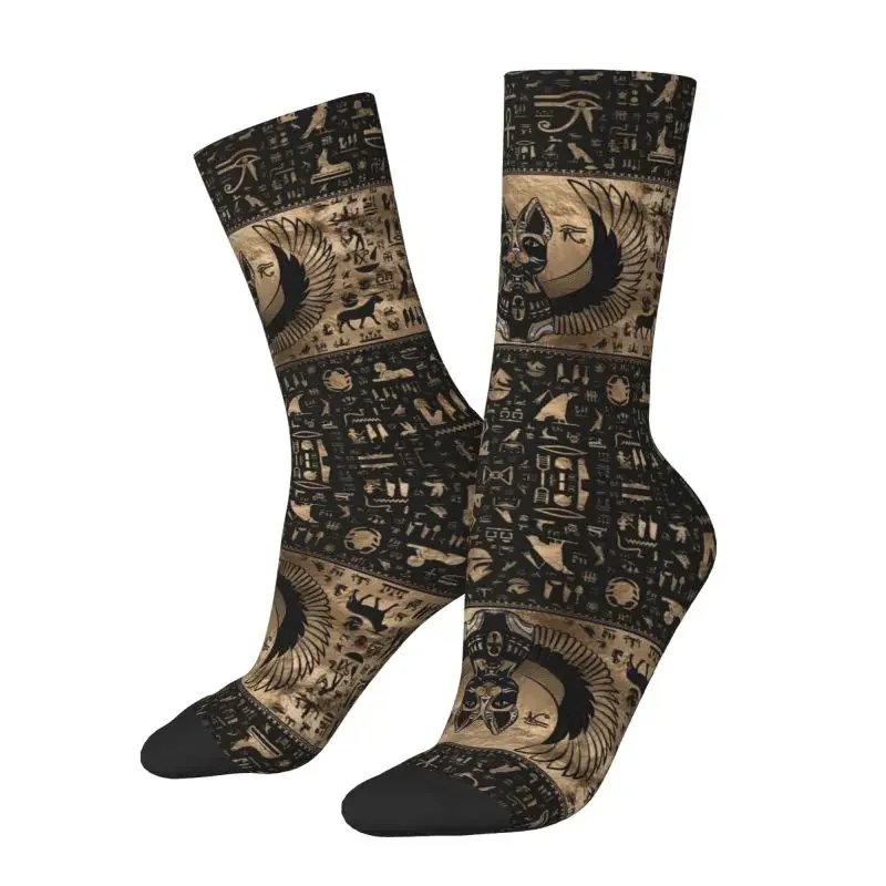 

Egyptian Cat Goddess Bastet Men's Crew Socks Unisex Fashion Ancient Egypt Hieroglyphs Spring Summer Autumn Winter Dress Socks