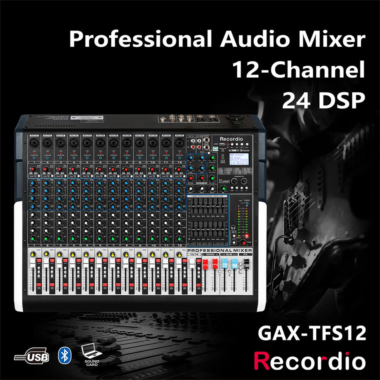 

GAX-TFS12 New TFS series mixer professional 12-channel stage DJ mixer BT with 24 DSP double 7-segment equalizer audio mixer