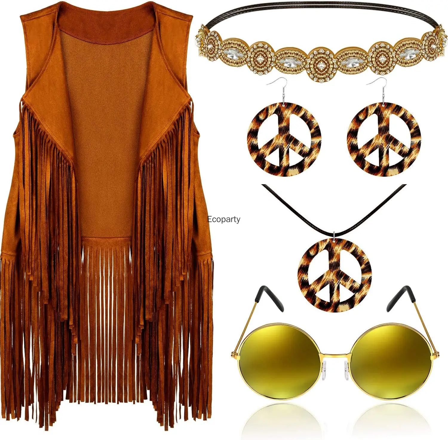 

6 Pcs 60s 70s Outfits for Women Hippie Costume Set Peace Sign Earring Headband Fringe Vest Tassel Cardigan Fancy Dress Costume
