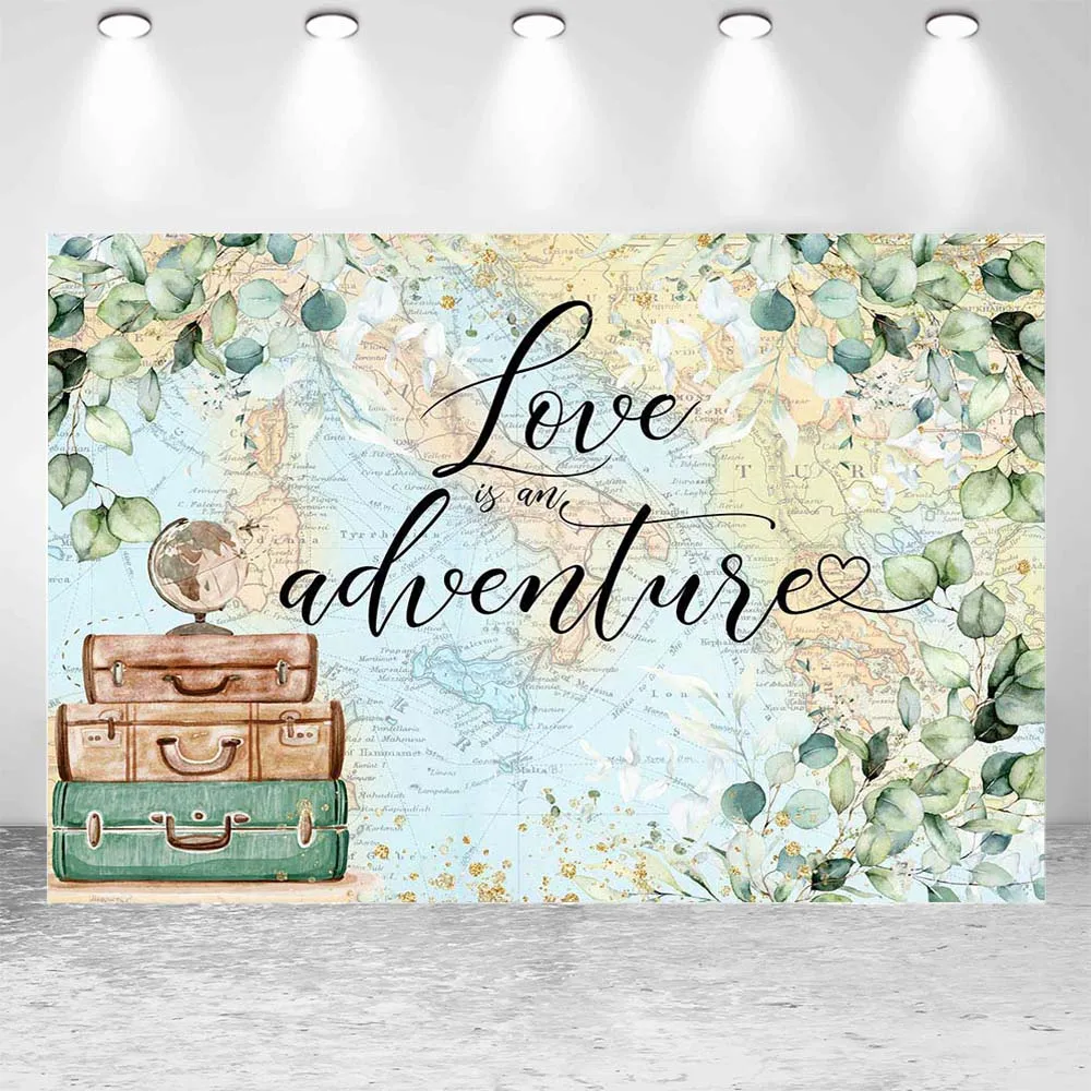 Mocsicka Love is an Adventure Photo Background Travel around the World Green Leaves Wedding Photography Backdrop Photocall Props