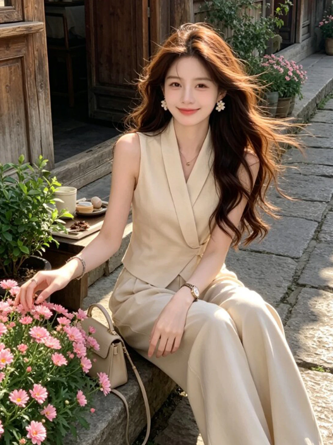 

Elegant Two-Piece Set Casual Pants Strap Top Summer Fashion Ensemble High-Quality Cotton V-Neck Anti-Wrinkle Universal Fit