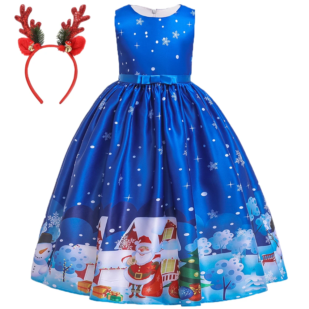 

Santa Claus Christmas Party Girl Dresses Carnival Costume Sled Snowflake Snowman Wedding Birthday Dress Girls Xmas Kids Clothing