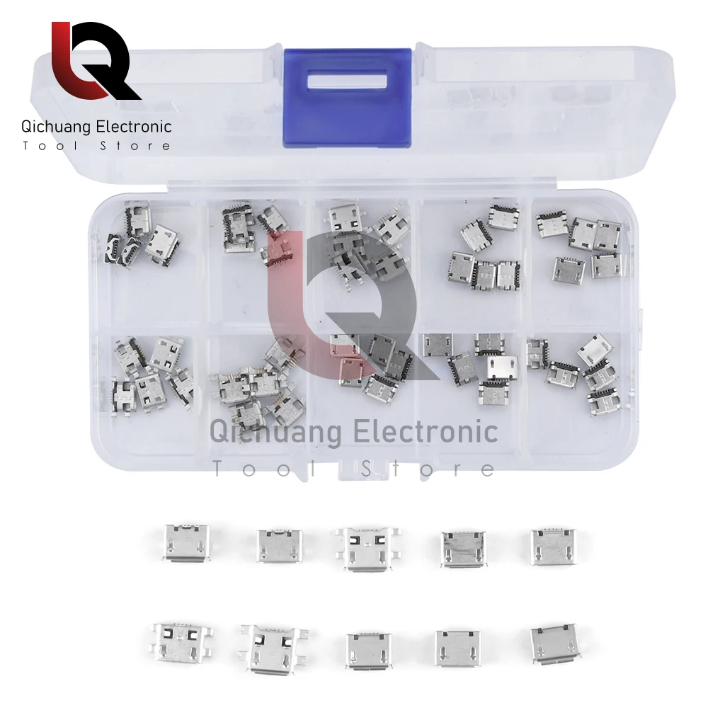 50/100Pcs/box 10 Models Micro USB Connector Socket Jack USB Connectors Set for MP3/4/5 Lenovo ZTE Huawei Samsung SONY Xiaomi HTC