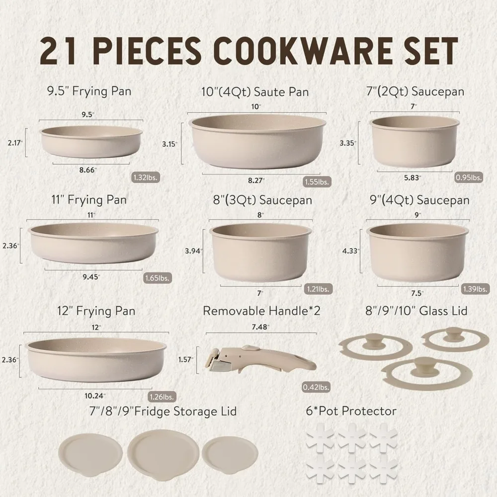 21pcs Pots and Pan Set Non Stick, Nonstick Induction Cookware, Detachable Handle Cookware Set