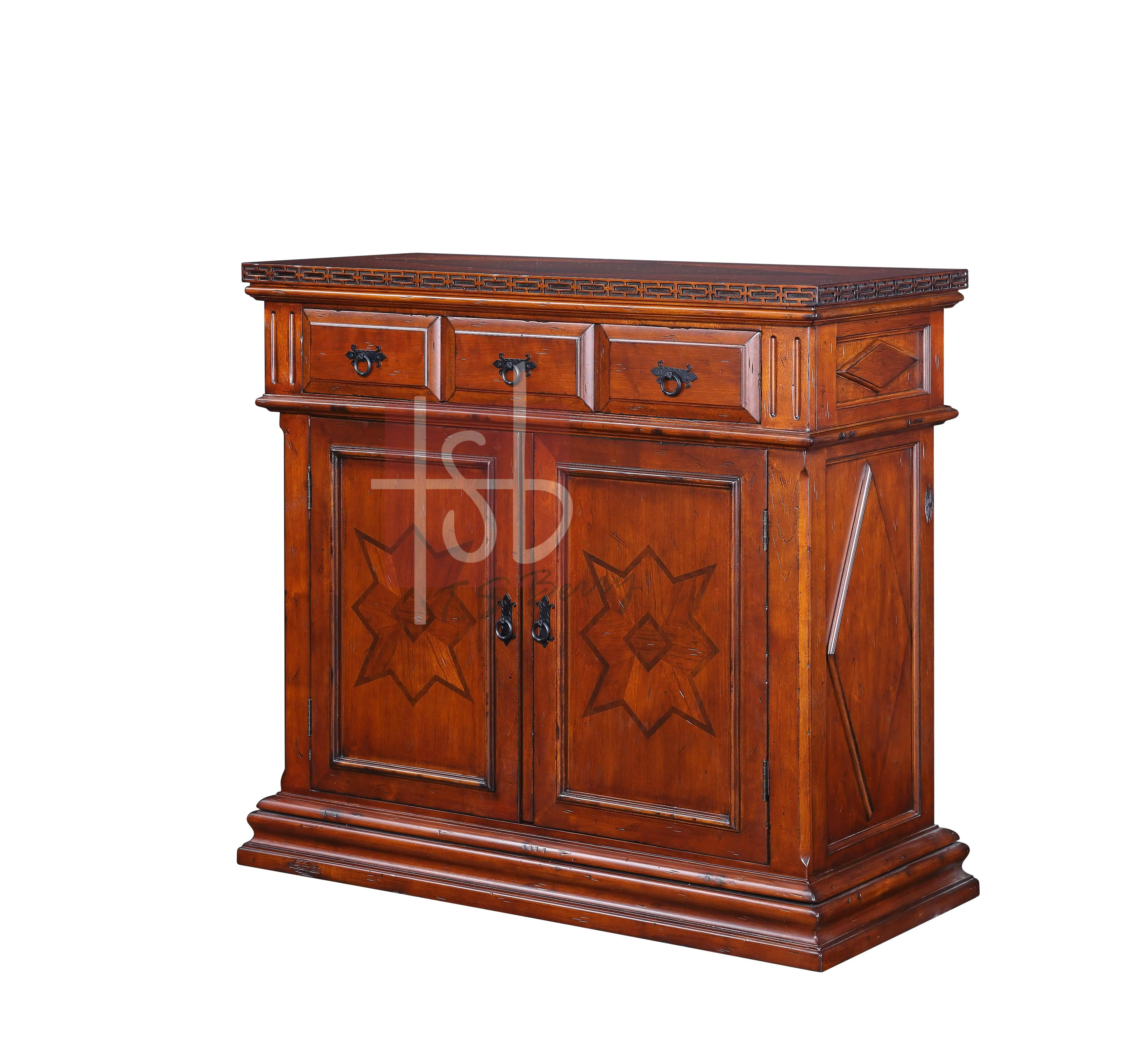 American Vintage Solid Wood Shoe Storage Cabinet 3-Drawer 2-Door Carved Fretwork Star Inlay Distressed Finish