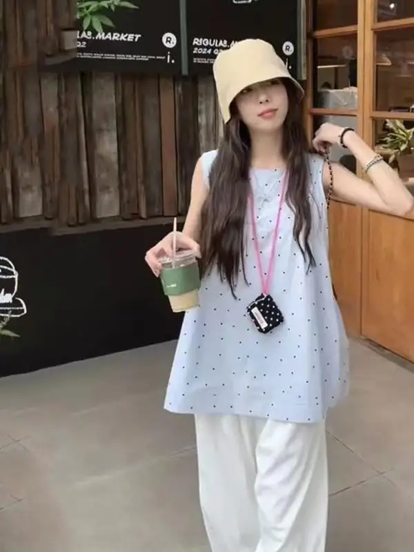 

Summer Polka Dot Svel T-irt Women's Loose Sle Outfit Casual Creative Print Cotton round Ne Regular Length Top