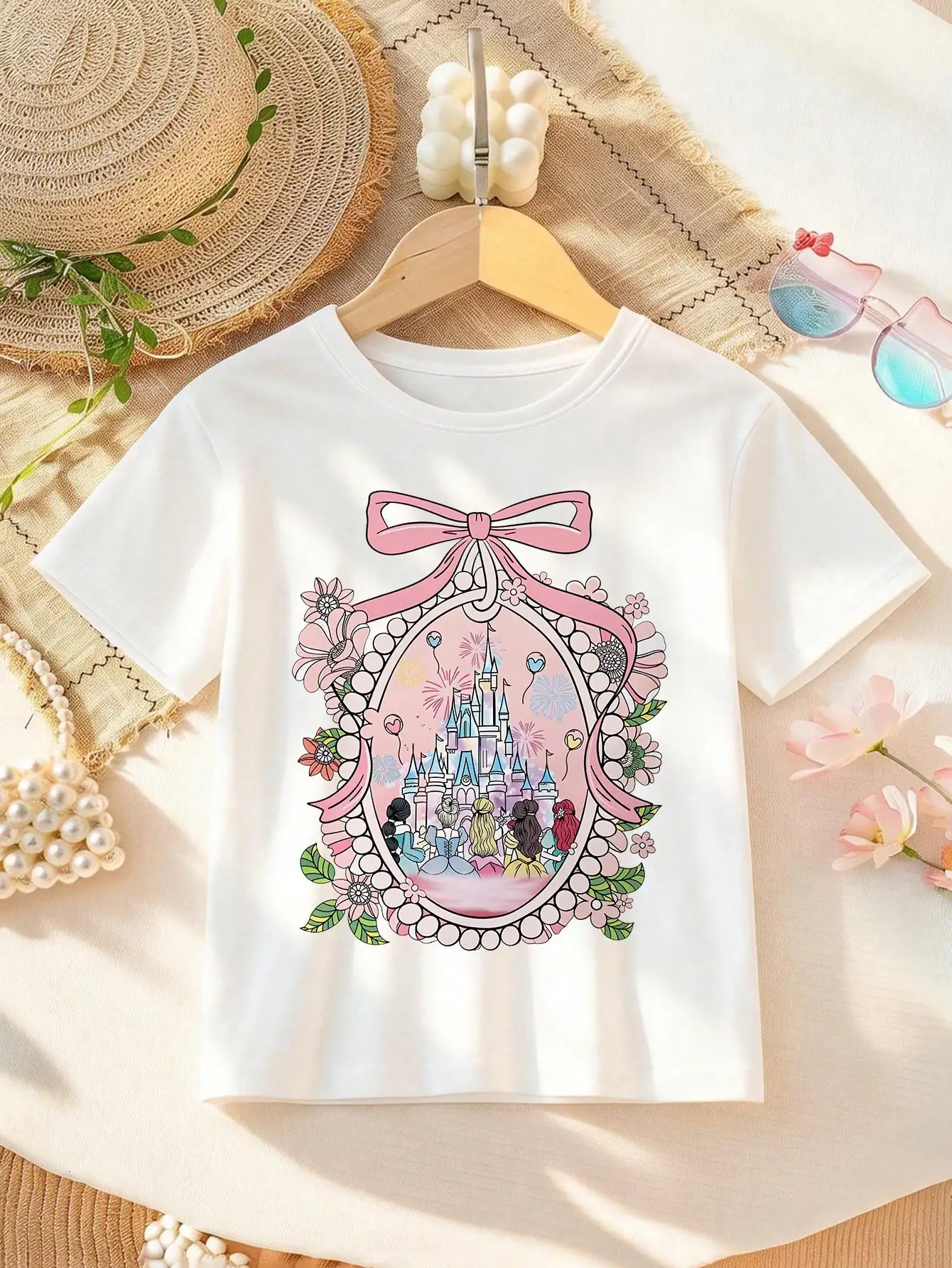 

Детская футболка с цветочным принтом и изображением замка - из мягкого хлопка, с коротким рукавом, для девочек и мальчиков