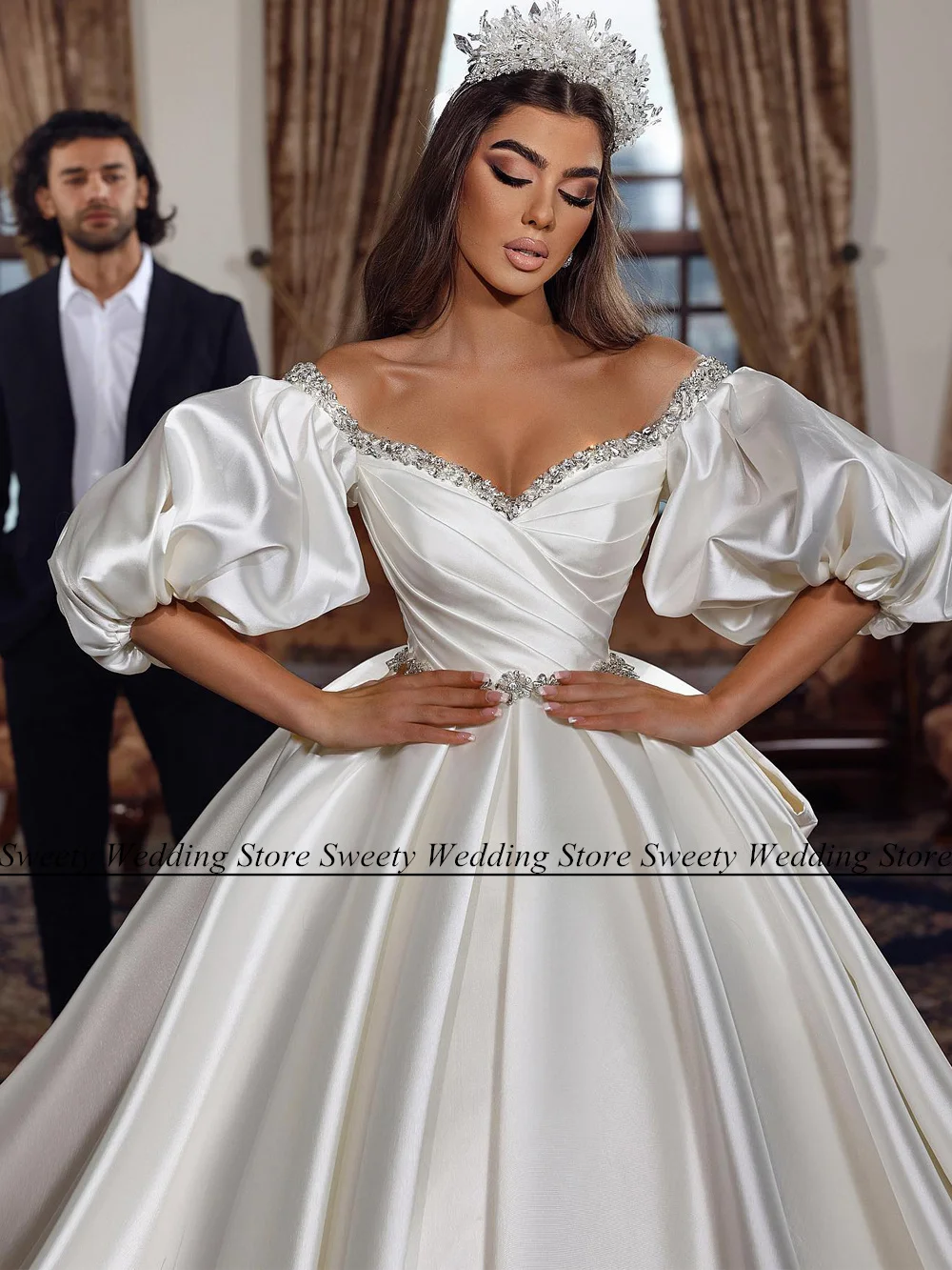 New Arrival Wedding Dress Satin Bridal Gown Puff Sleeves V Neck Pearls Rhinestones Beading Vestido De Noiva Bride Dresses