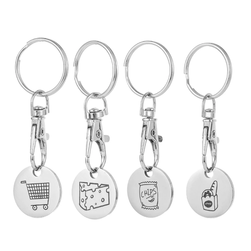 4 Pack Shopping Cart Coin Keychain Shopping Trolley Coin Keyrings Supermarket Coin Bag Pendant Stainless Steel Texture