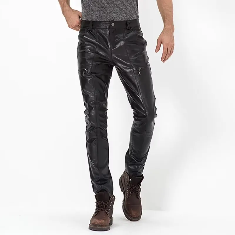 Men's Genuine Sheepskin Leather Pants Motorcycle Riding Trousers Male Tights for Cycling Autumn Winter Warm Comfortable