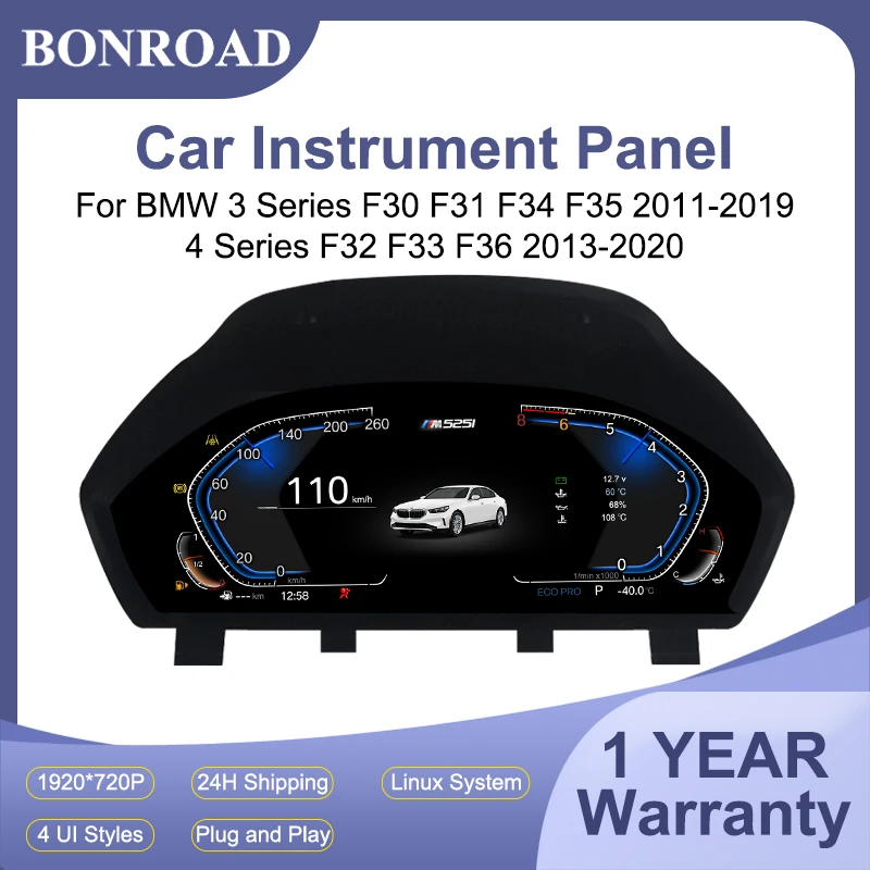 BONROAD 12.3 “1920*720P Panneau de tableau de bord LCD Linux pour BMW Série 3 F30 F31 F34 F35 2011-2019 Série 4 F32 F33 F36 2013-2020 Tableau de bord virtuel Compteur de vitesse