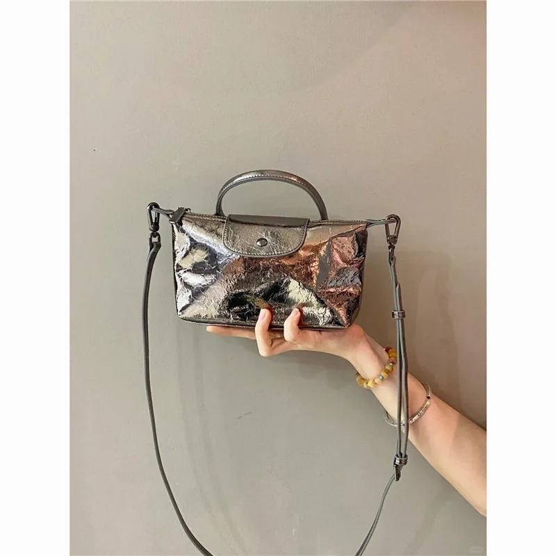 New 2024 cracked dumpling high-end single shoulder niche silver handbag versatile women\'s bag