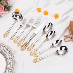 1 Pieces Luxury Gold Plated Cutlery Set Vintage Western Stainless Steel Tableware Wedding Engraving Dinnerware Knife Fork Spoon