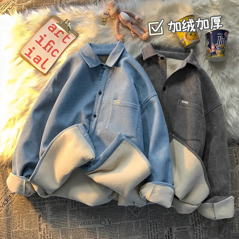 Harajuku Thicken Fleece Men Shirts Korean 6 Colors Man Long Sleeve Blouse 2023 Autumn Winter Male Casual Shirt Tops Streetwear