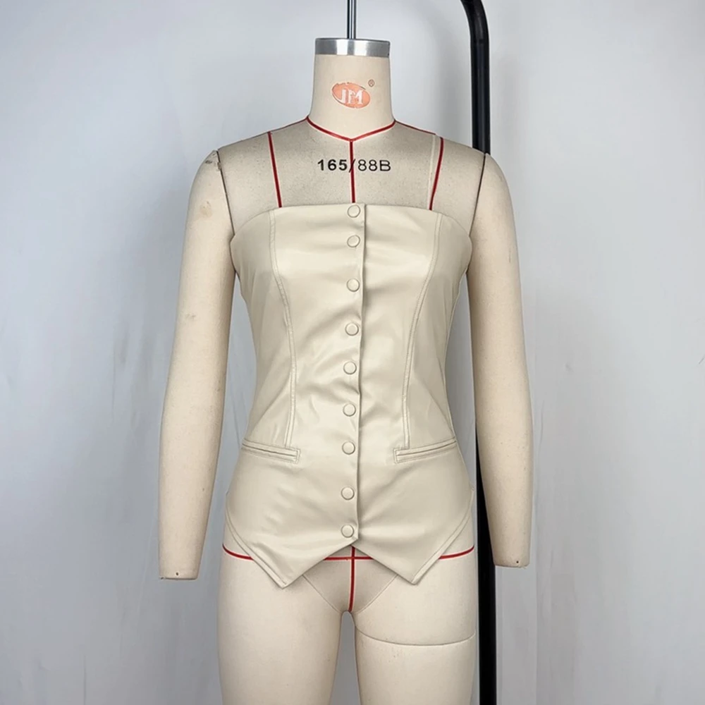 

Women Summer Sleeveless Bandeau Top Casual Solid Color Slim Waist Pu Leather Top Covered Button y2k Tops