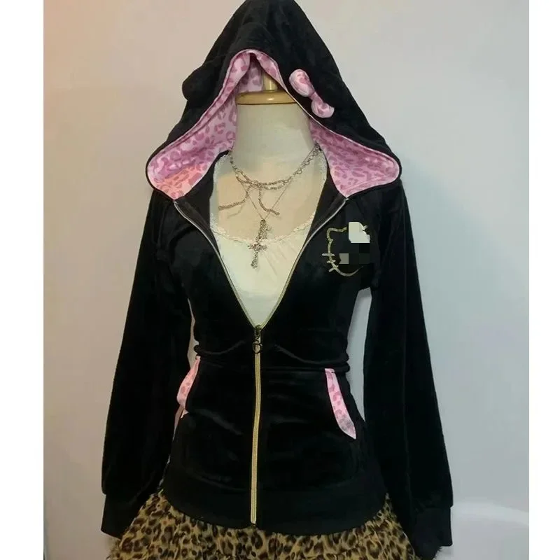 Y2K Millennial Shibuya Hot Girl Japanese Cat Ear Plush Splicing Leopard Print Hooded Jacket Women's Slim Cardigan Sweatshirt