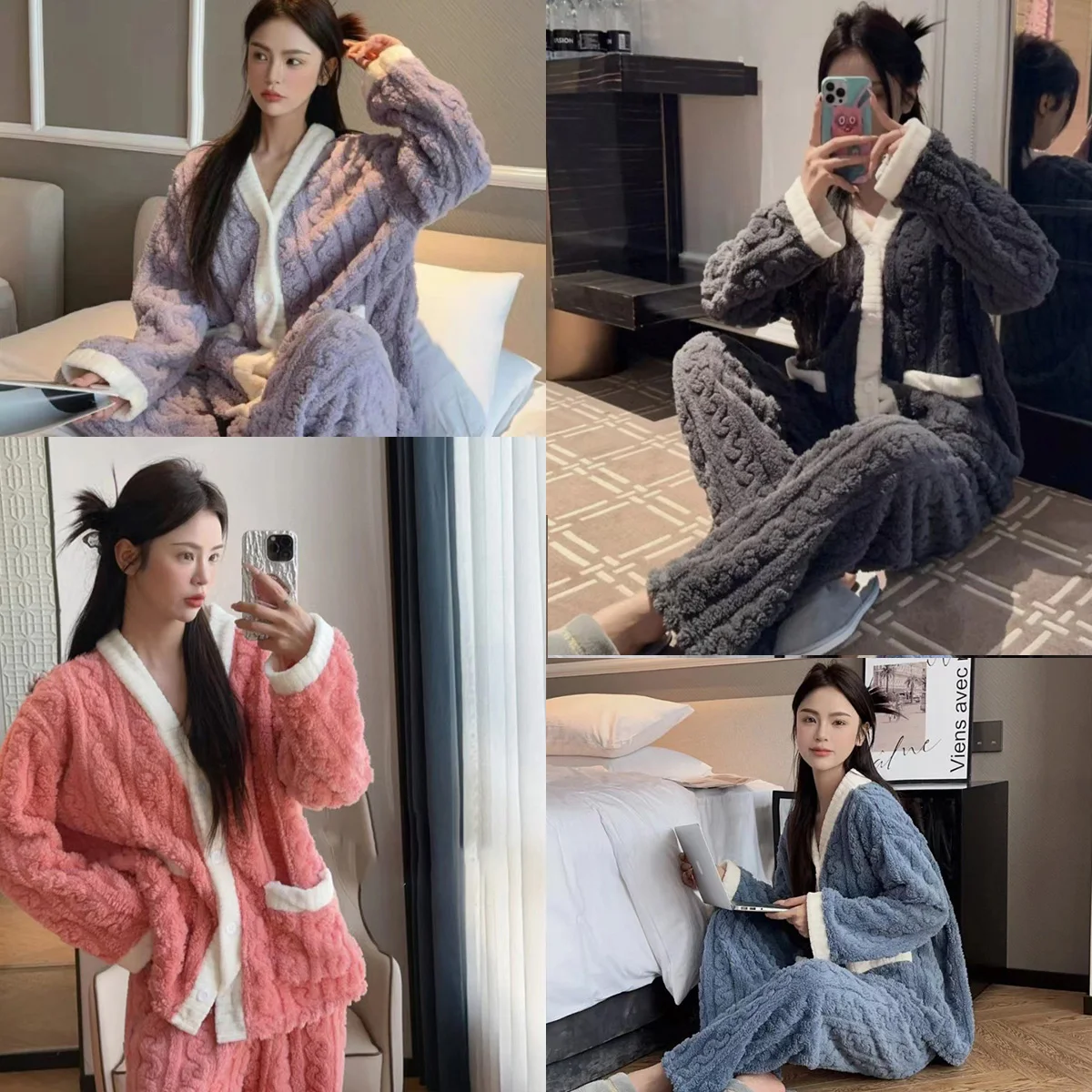 Women\'s Two-Piece Fall and Winter Pajamas Warm Padded Thickened Can Be Worn Outside Loose Coral Velvet Long-Sleeved Homewear Set