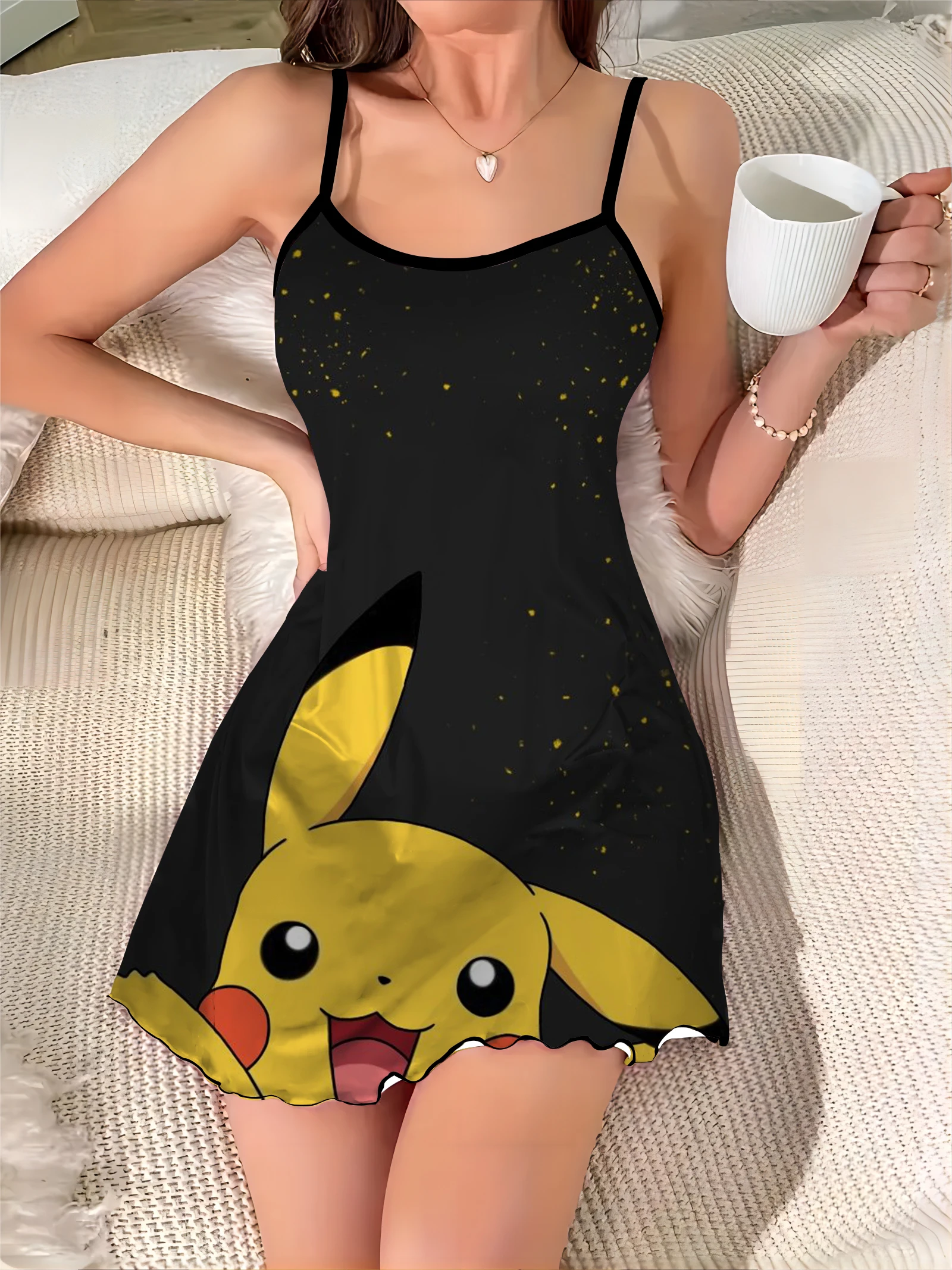 Satin Surface Mini Dress Crew Neck Summer Dresses for Women Pokémon Lettuce Trim Pikachu Pajama Skirt Fashion 2024 Elegant Sexy